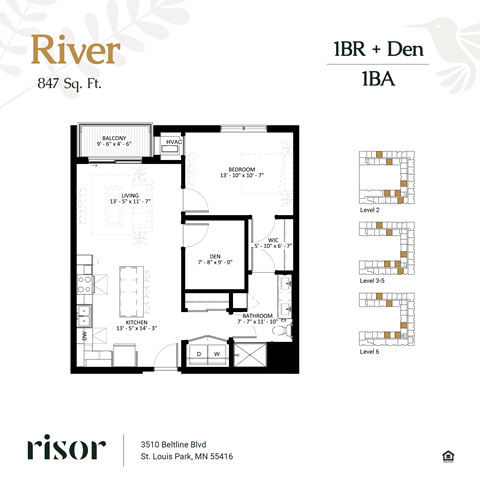 Floor plan for 1 bed, 1 bath, 893 sqft